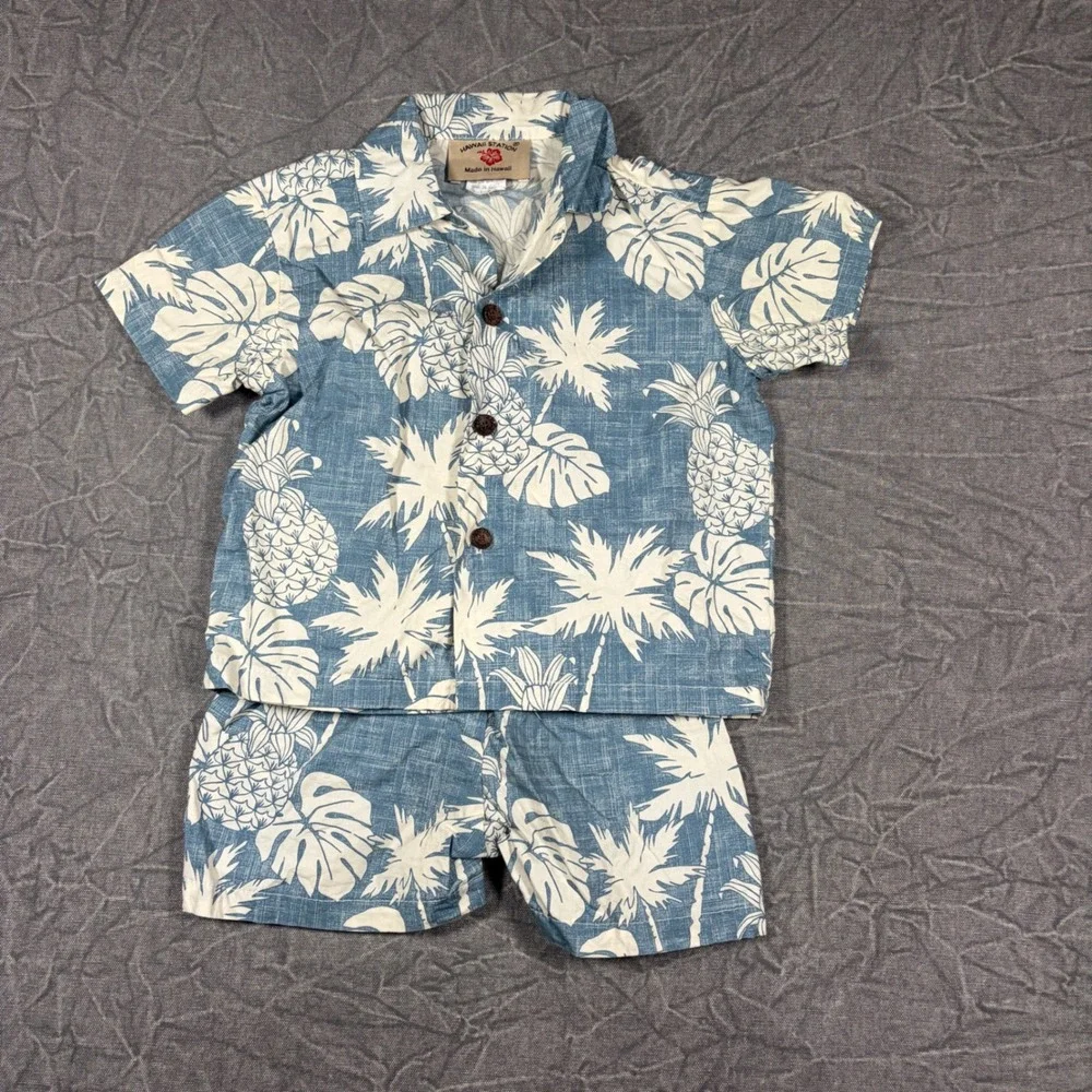 Hawaii Station Kids Blue Pineapple Aloha Shirt and Shorts Set Size 1-2 Hawaii
